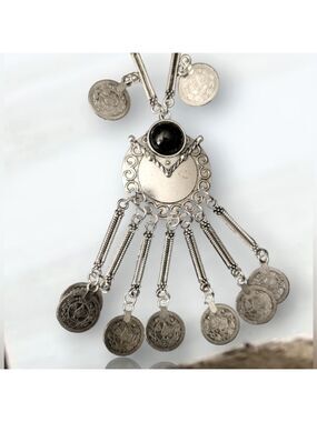 Boho Coin Necklace.- Silver w black stone.